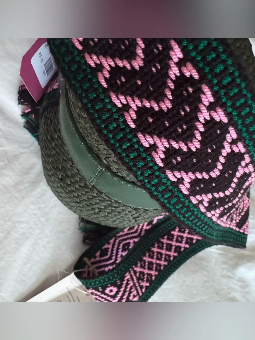 Johanna Ortiz Green Woven Crossbody Bottle Bag with Pink Black Strap